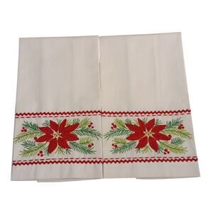 Poinsettia Christmas Decor 19.5x13.5 2 Kitchen Towels Hand-Stitched‎ Embroidered
